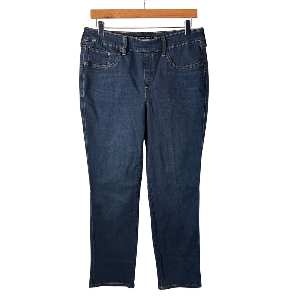 Chicos Pull On Straight Leg Jeans Womens Size 8 Dark Wash Denim Stretch Casual